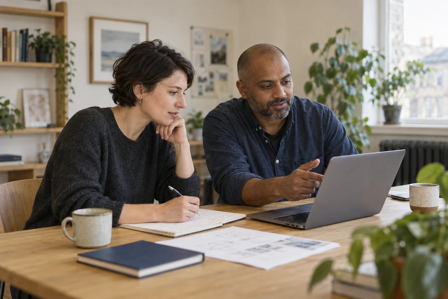 Illustrative scene of two business owners discussing a process together