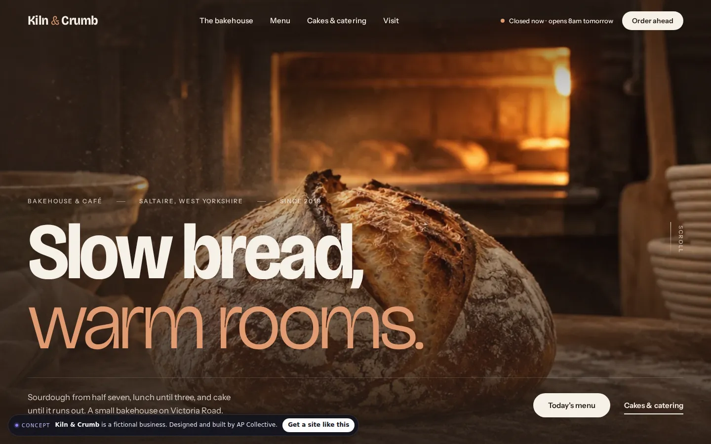 Desktop view of the Kiln & Crumb concept website
