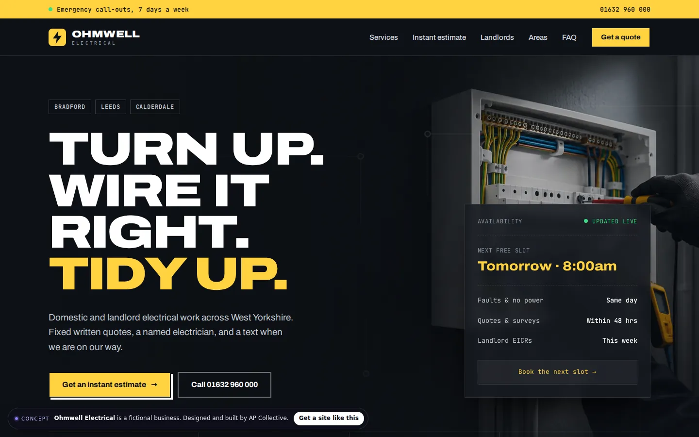 Desktop view of the Ohmwell Electrical concept website