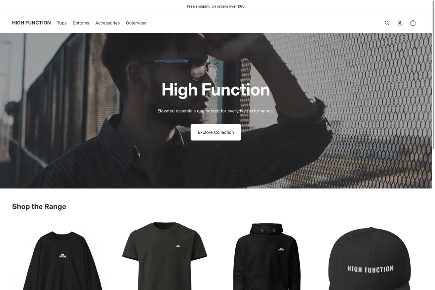 The July 2026 High Function Store homepage: a generic hero line over a four-product grid