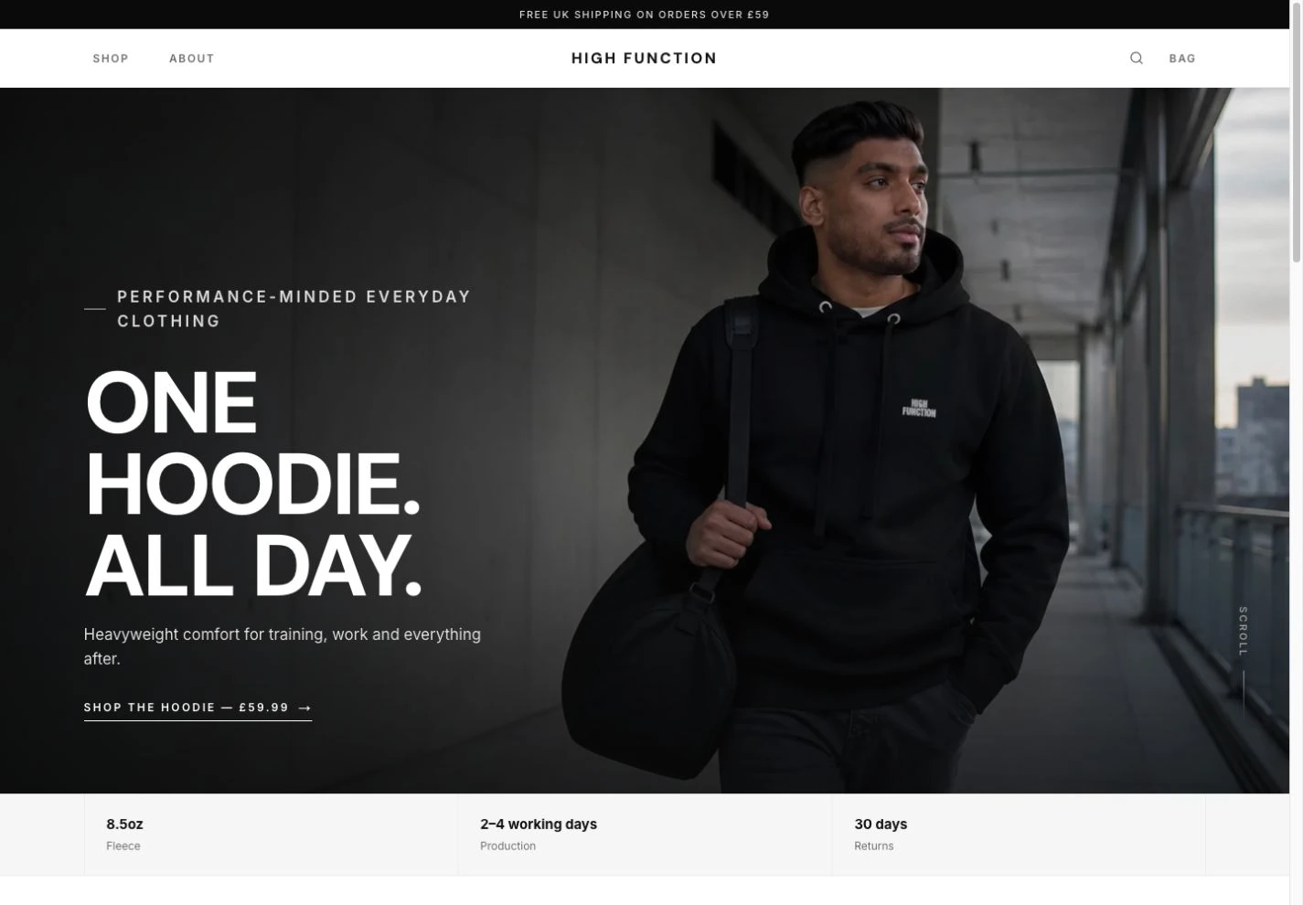 The current High Function Store homepage, featuring its black heavyweight hoodie and monochrome brand design