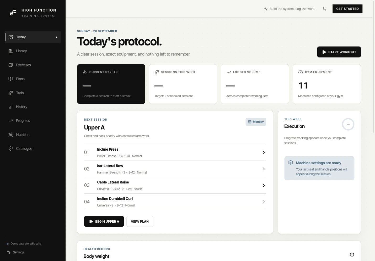The current High Function Train guest dashboard, with a black sidebar, warm-white panels and the Upper A training plan