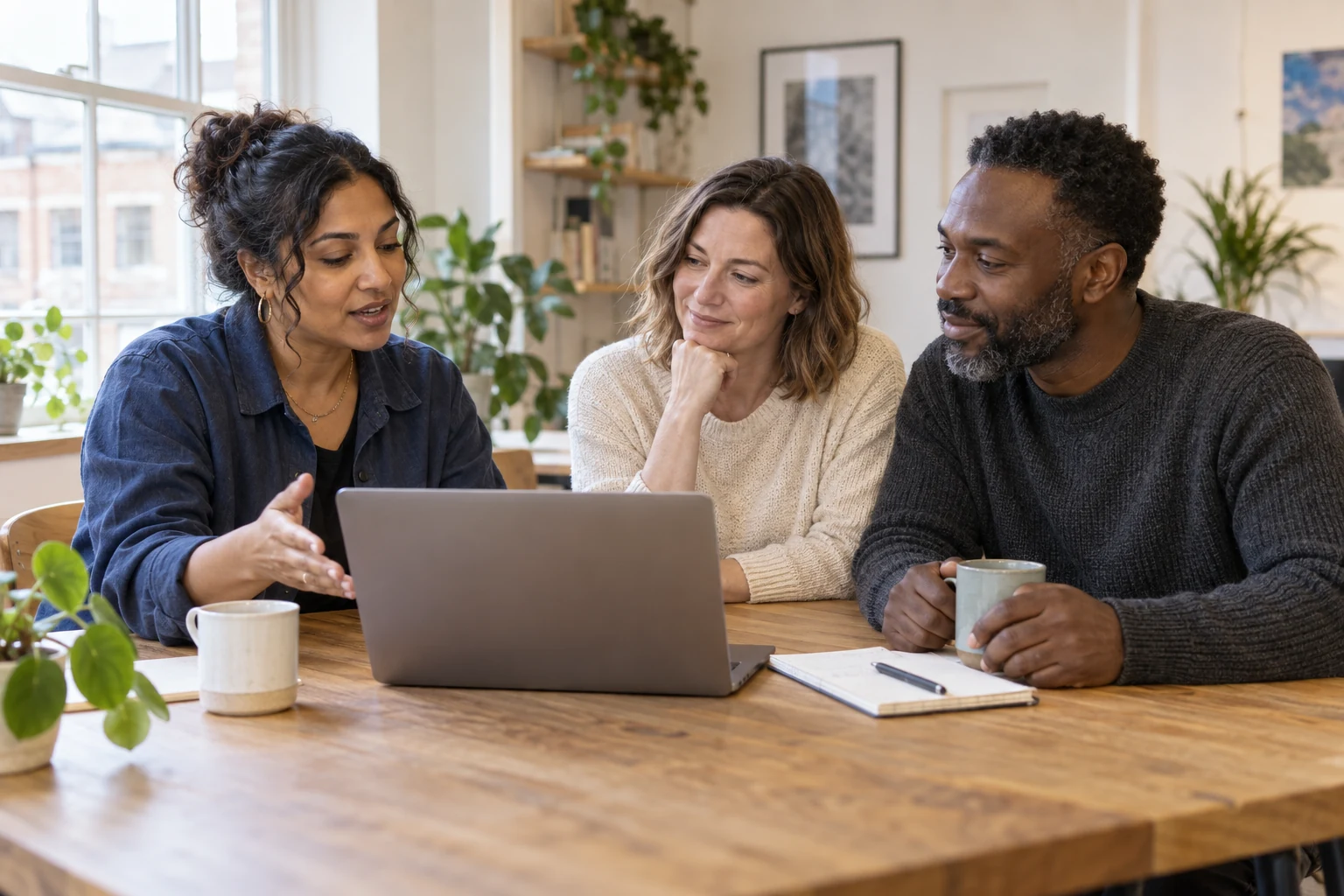 Illustrative scene of three adults learning together around a laptop