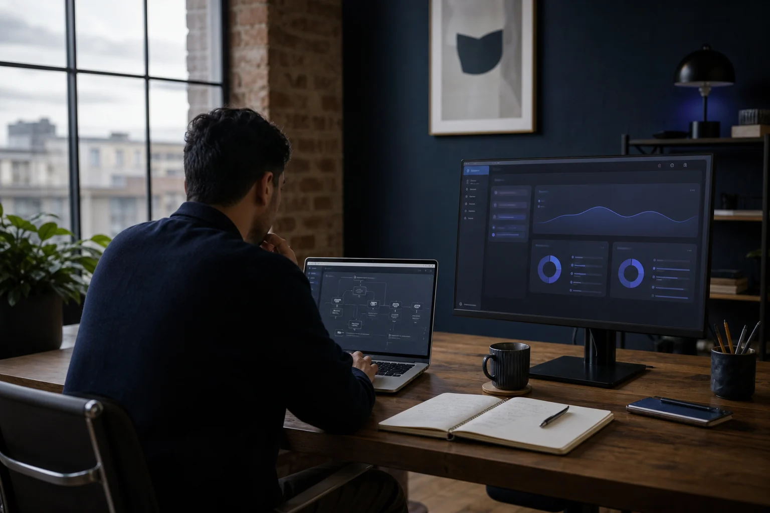 A digital systems operator reviewing a workflow and operational dashboard in a Bradford studio