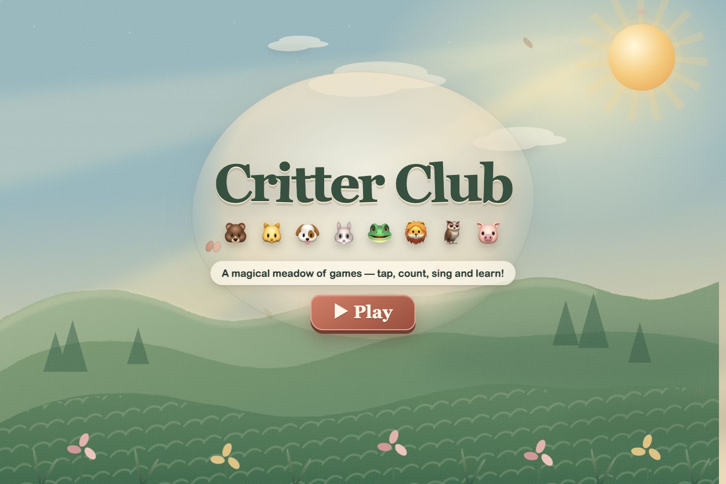 Critter Club storybook meadow with animal characters and a play button