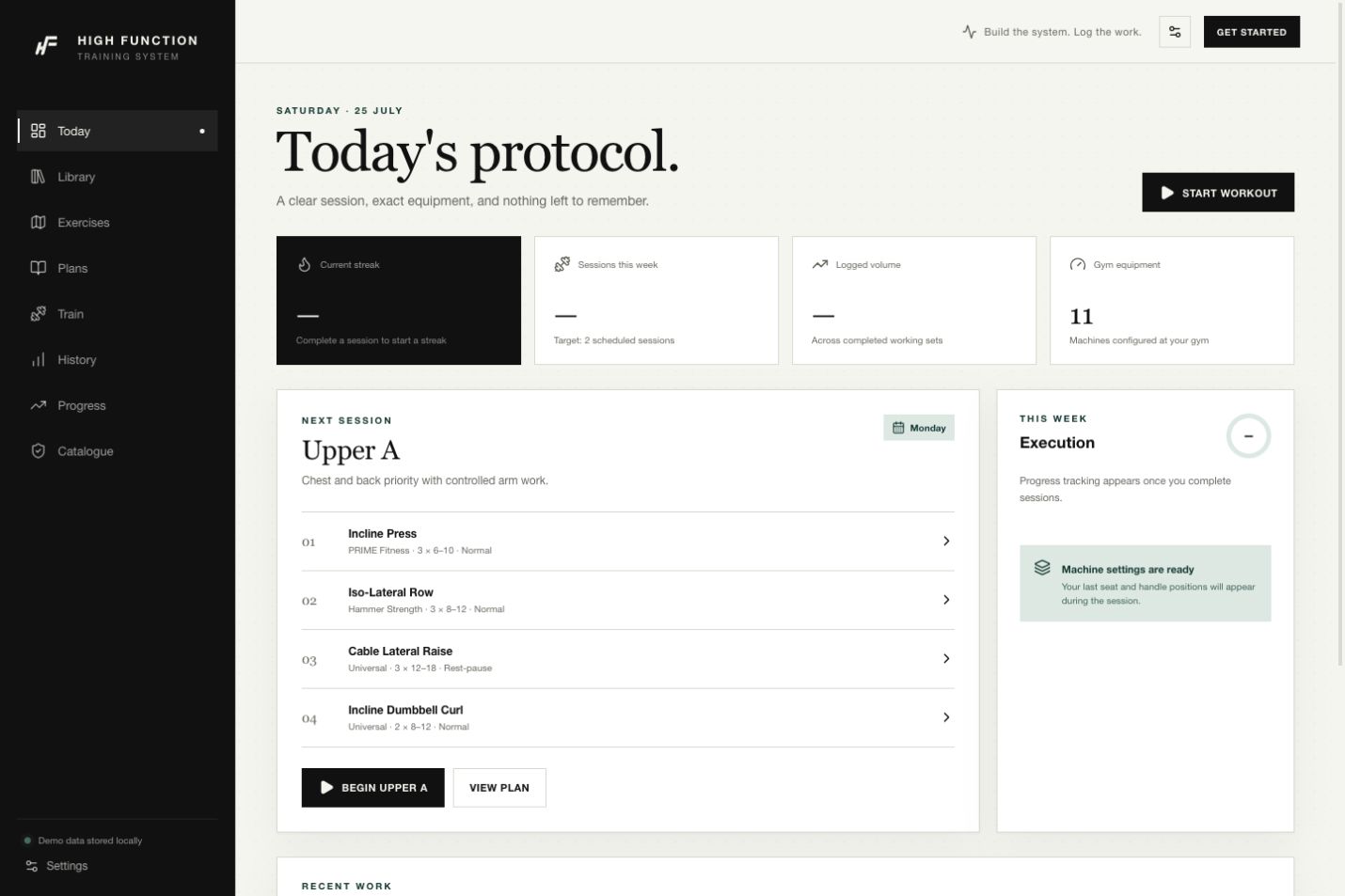 High Function Train application showing a machine-aware daily workout protocol