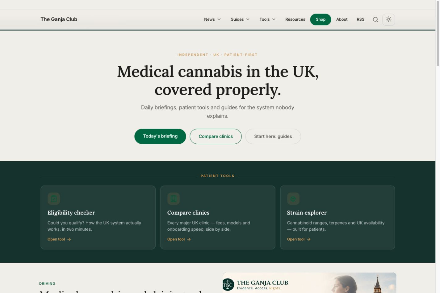 The Ganja Club editorial homepage showing patient tools and medical cannabis coverage