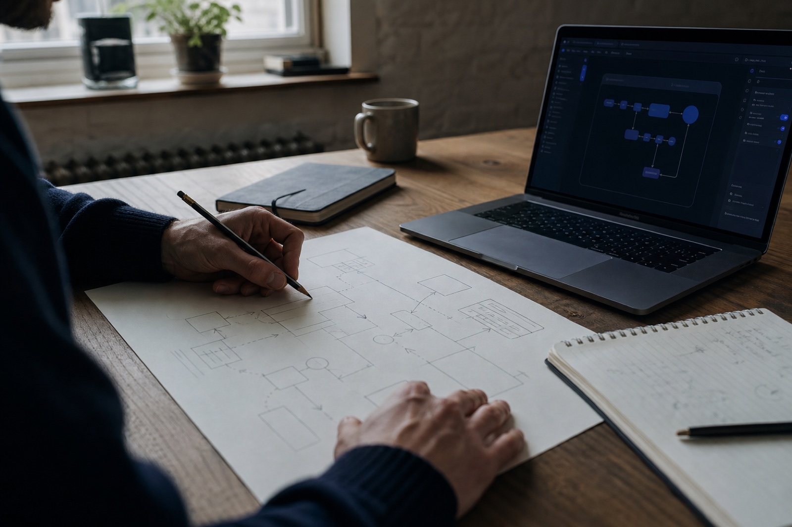 Hands mapping a digital workflow beside a laptop