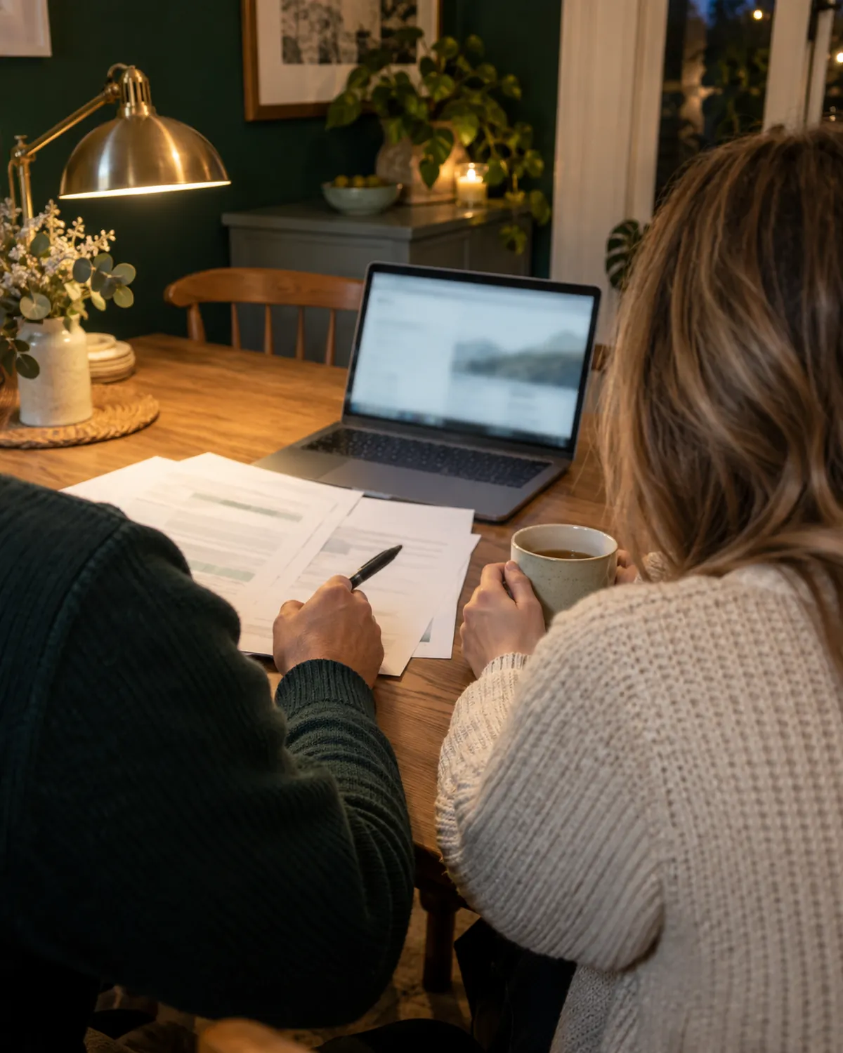 A couple at their kitchen table in the evening, looking through paperwork and a laptop together