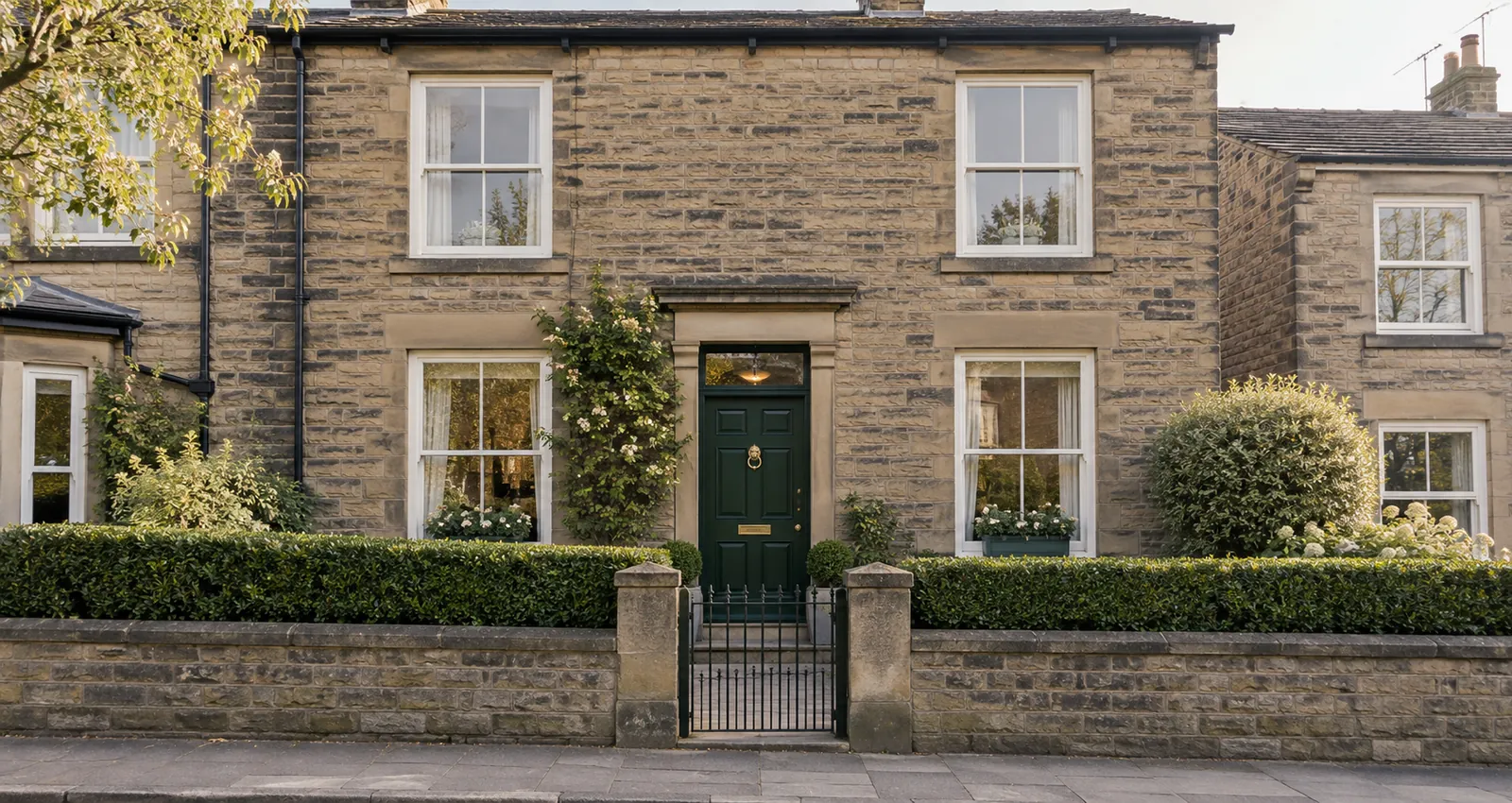 A stone terraced house with a green front door on a quiet street