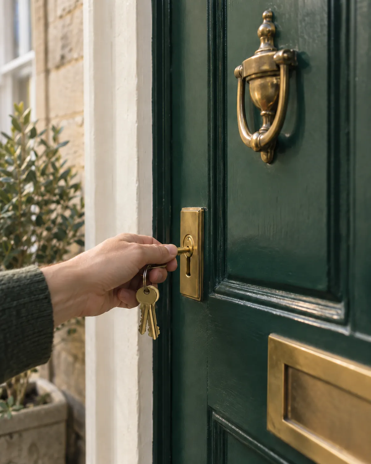 A hand turning a brass key in the lock of a green front door