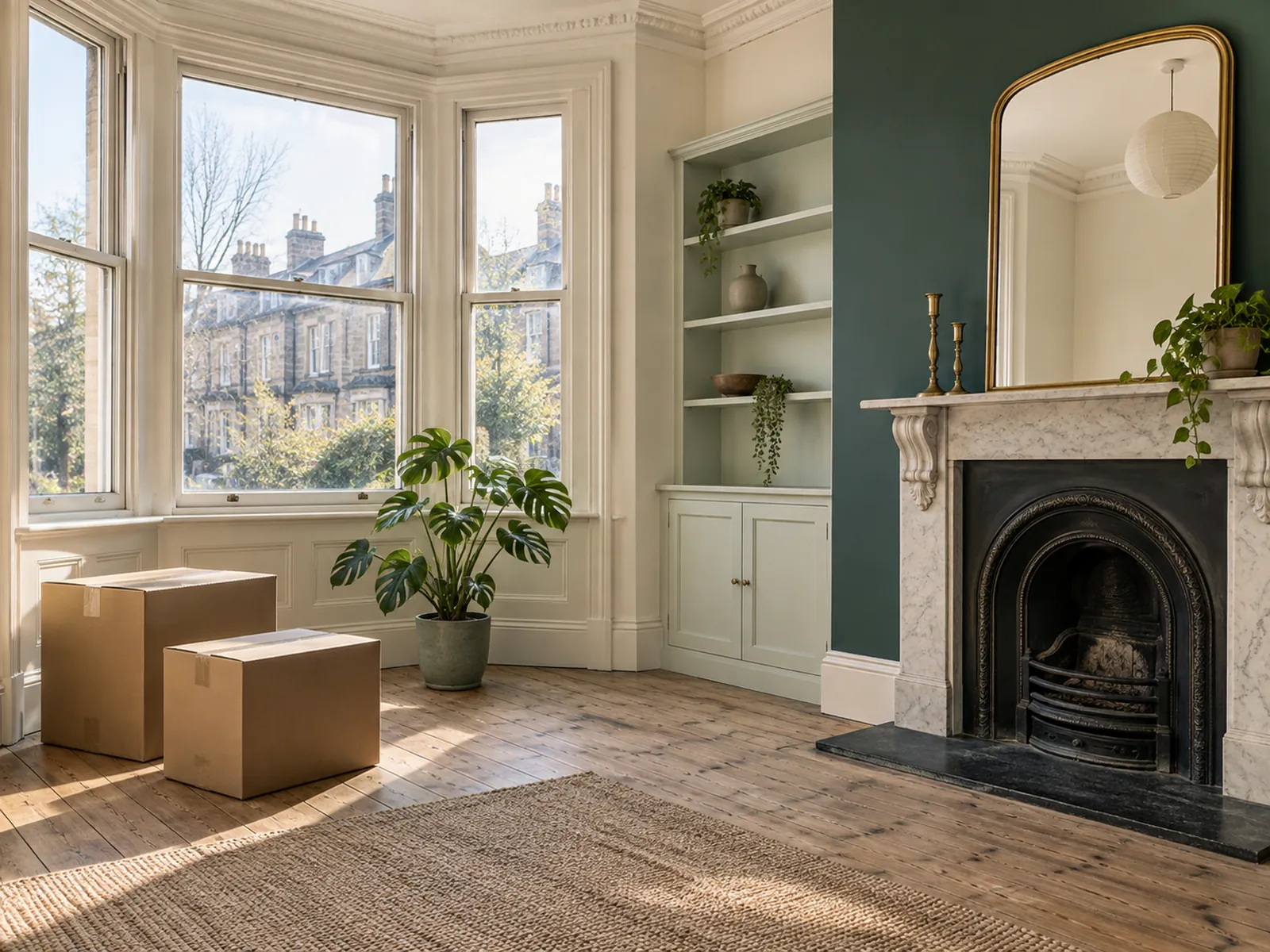 An empty, freshly painted living room with a bay window, a fireplace and two moving boxes on the floorboards