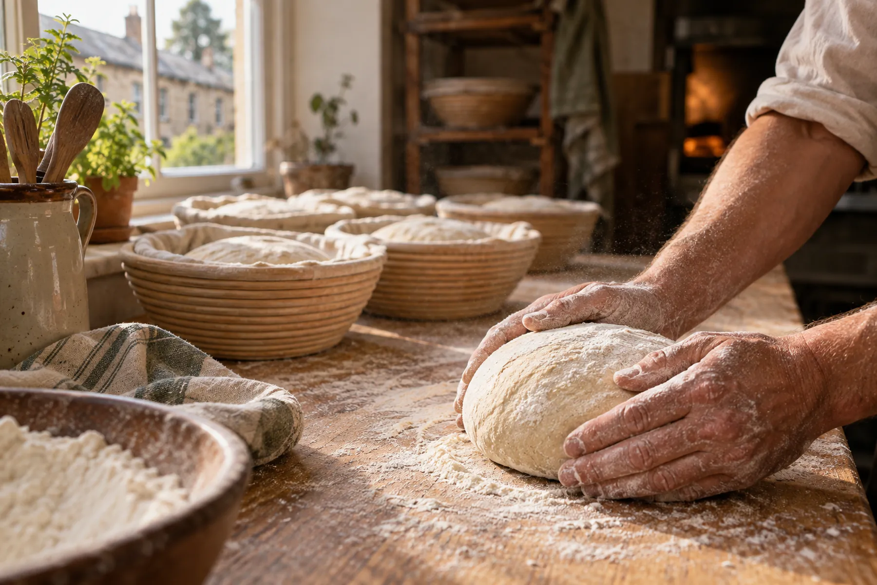 A baker’s floured hands shaping dough on a wooden bench, with proving baskets behind