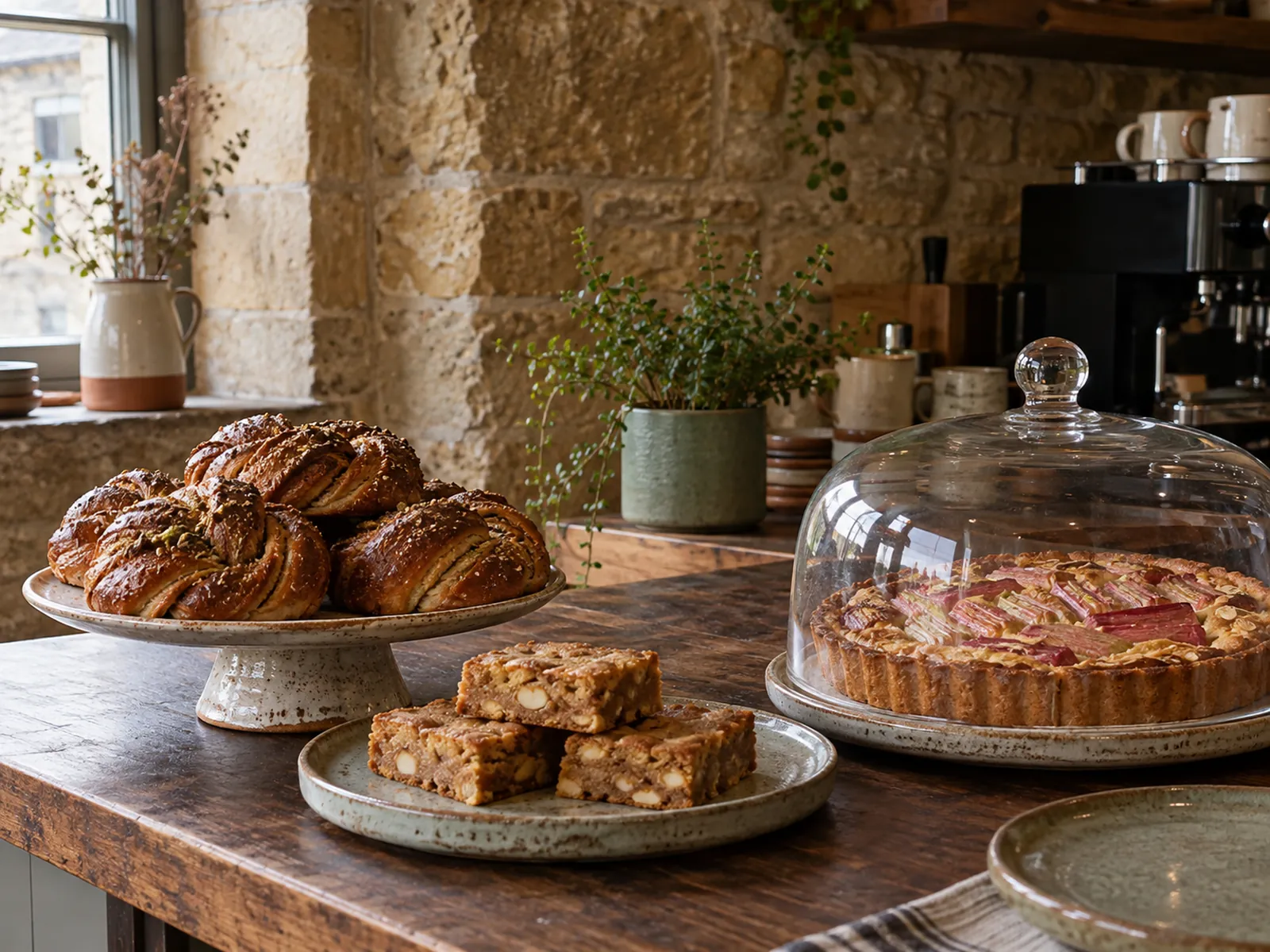 Cardamom buns, blondies and a rhubarb tart on stoneware plates at the café counter