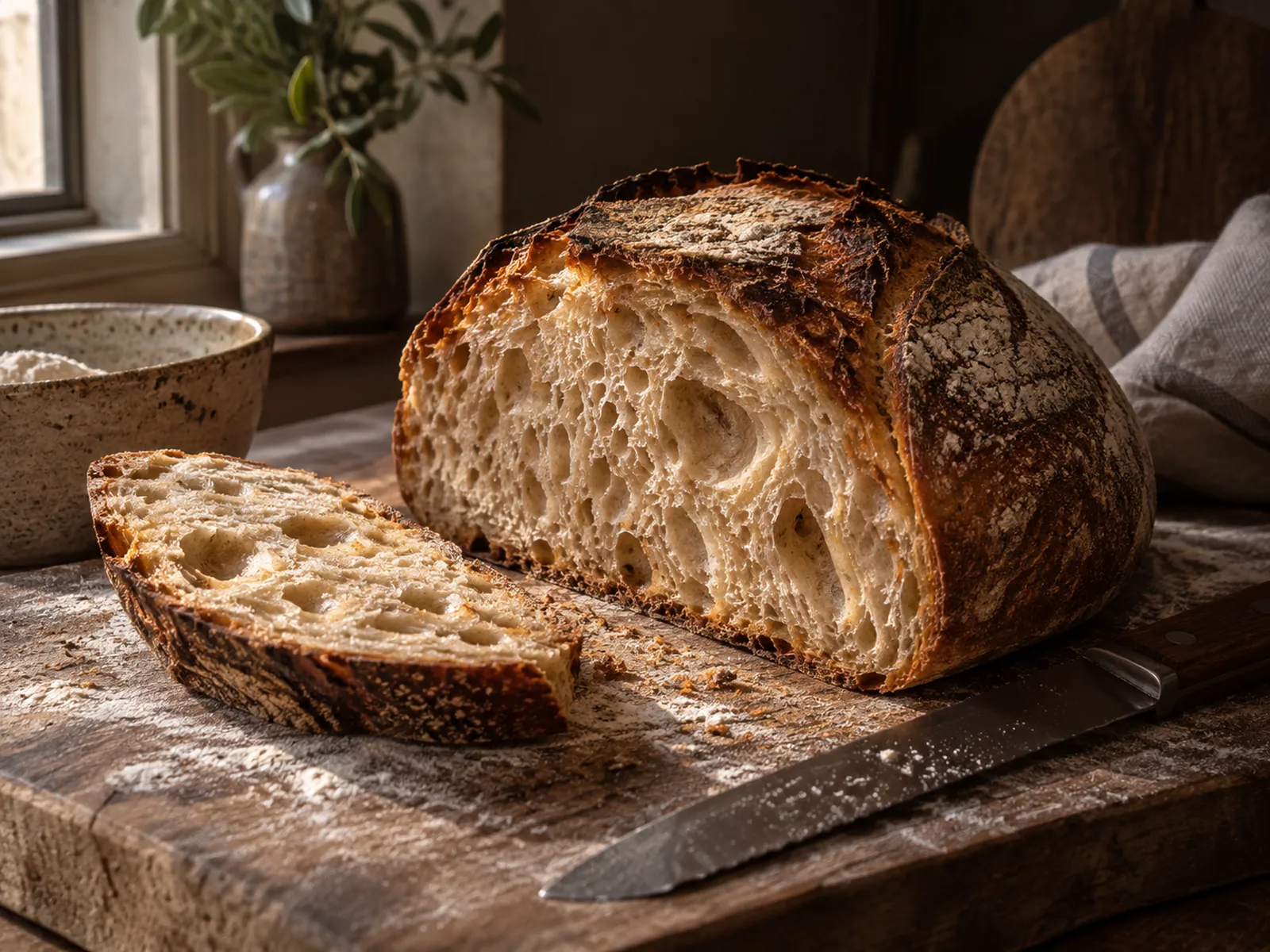 A cut sourdough loaf showing an open, glossy crumb and a dark blistered crust, beside a bread knife on a floured board