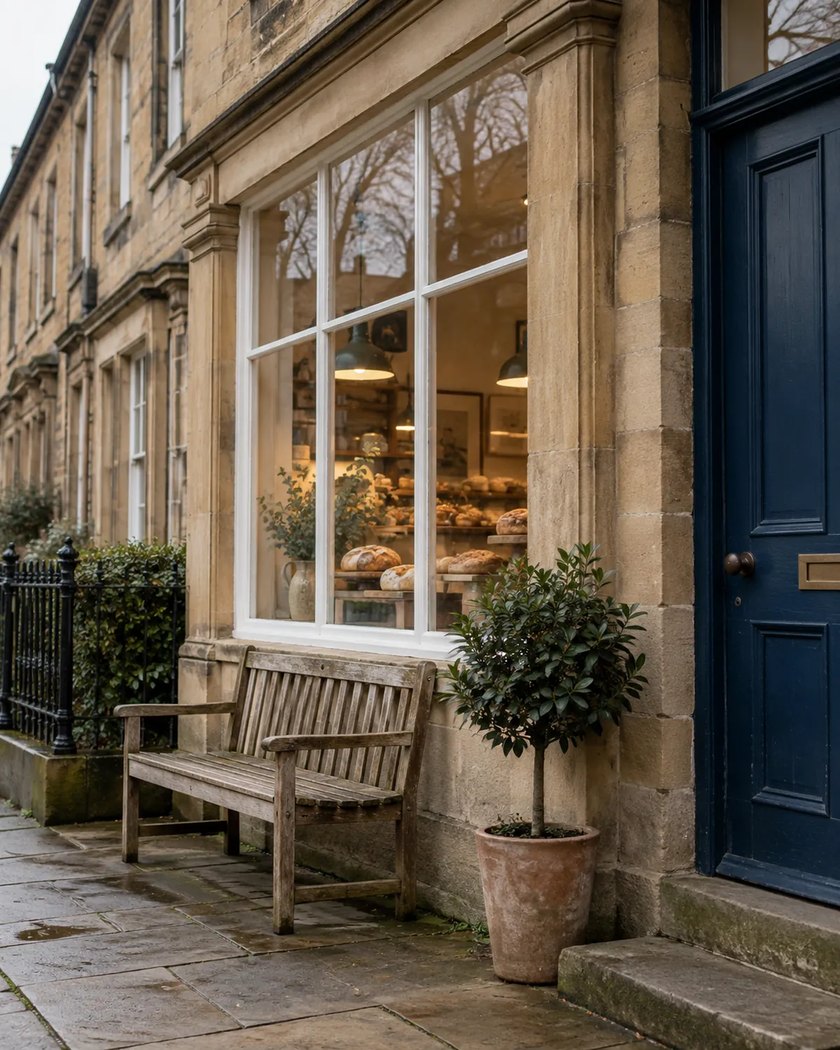 The café front in a sandstone terrace: a deep-blue timber door, a multi-pane window lit from inside and a bench outside
