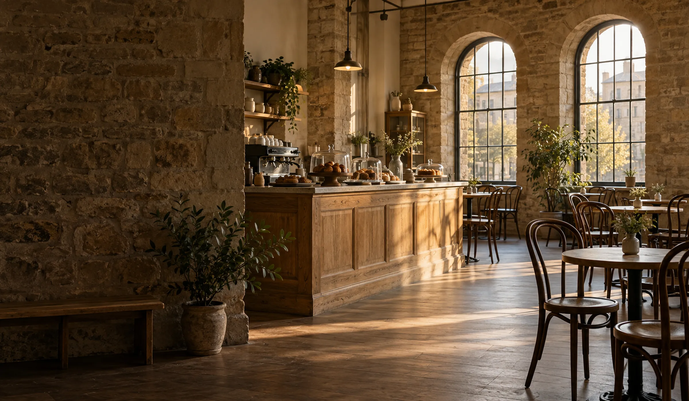 The empty café before opening: honey-coloured stone walls, an oak counter with cake domes and tall arched windows