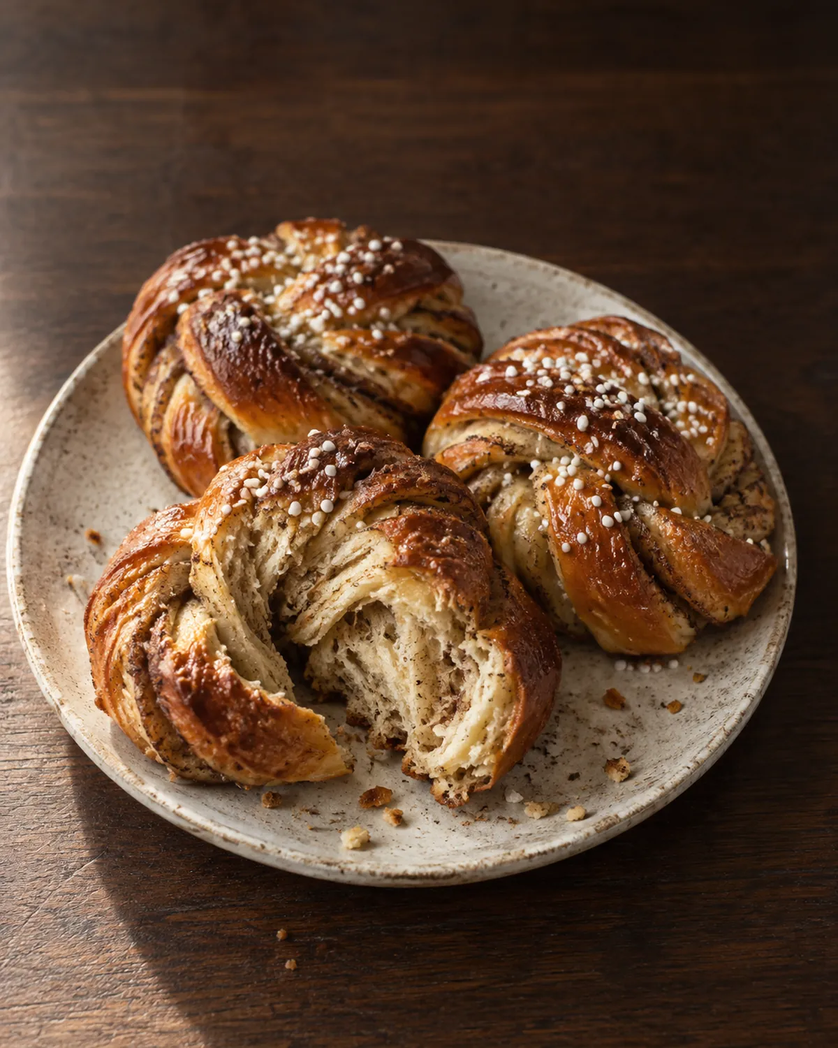 Three glazed cardamom buns on a stoneware plate, one torn open to show the spiced crumb