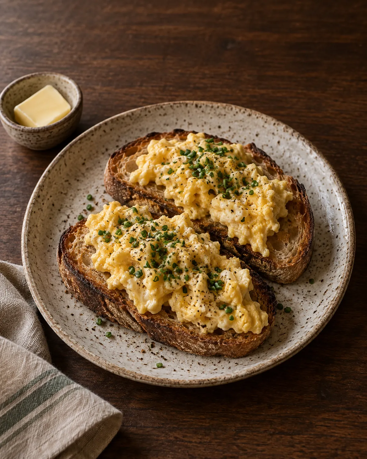 Soft-scrambled eggs and chives on two slices of toasted sourdough, on a speckled stoneware plate