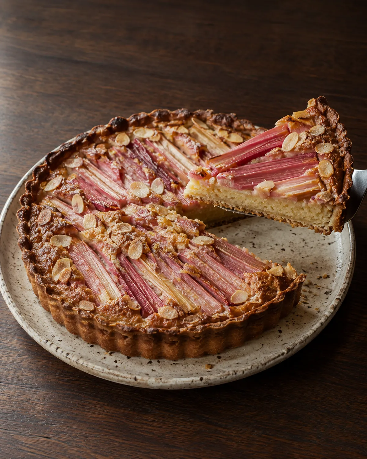 A slice of rhubarb frangipane tart lifted on a cake server above the rest of the tart