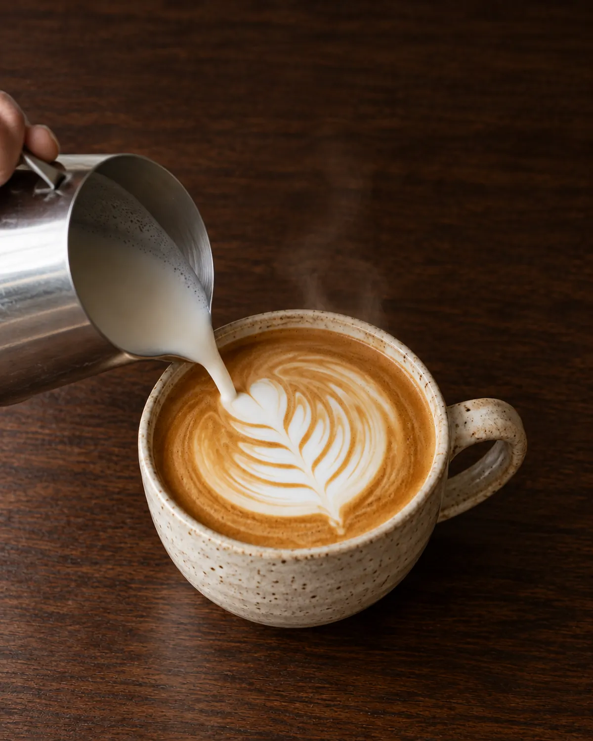 Steamed milk being poured into a flat white in a speckled ceramic cup, latte art forming