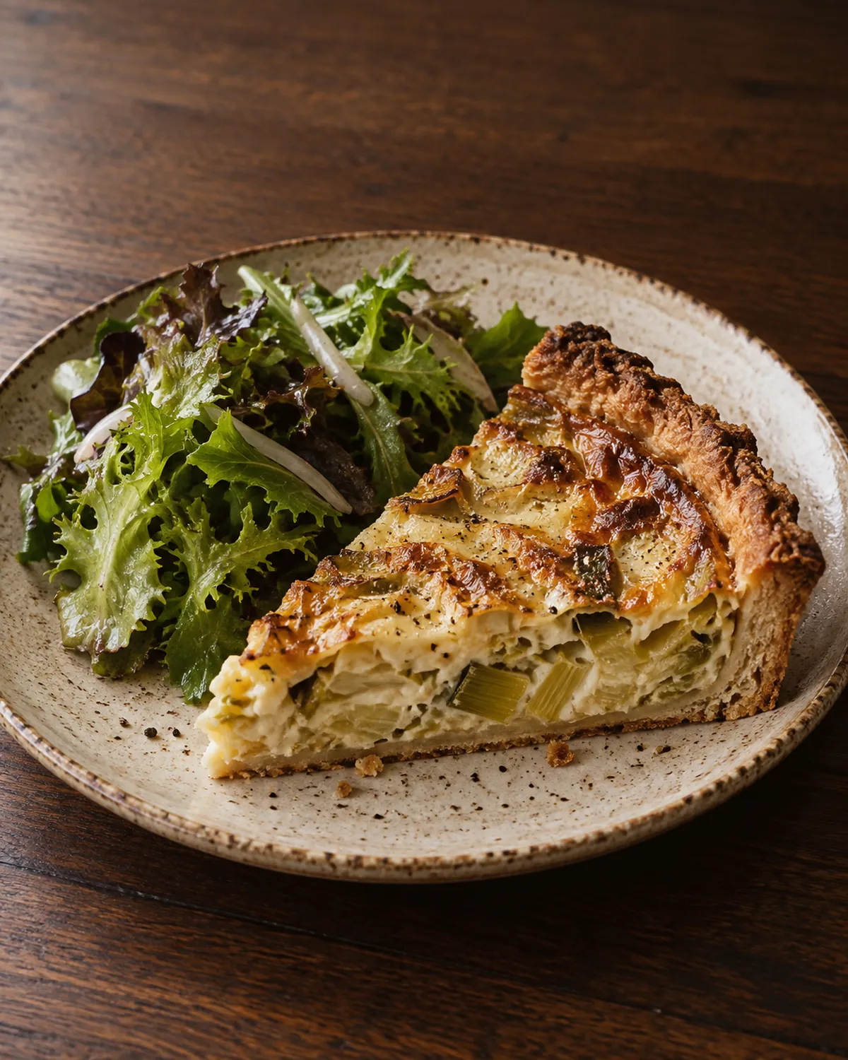 A slice of leek and gruyère tart with a golden pastry edge beside a green leaf salad