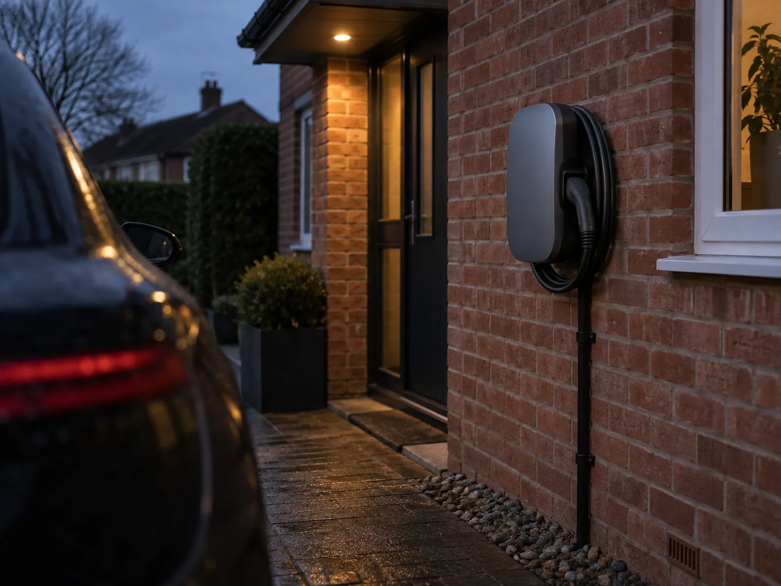 A compact grey home EV charger on the brick side wall of a house at dusk, with its cable neatly clipped and a tidy conduit run to the ground