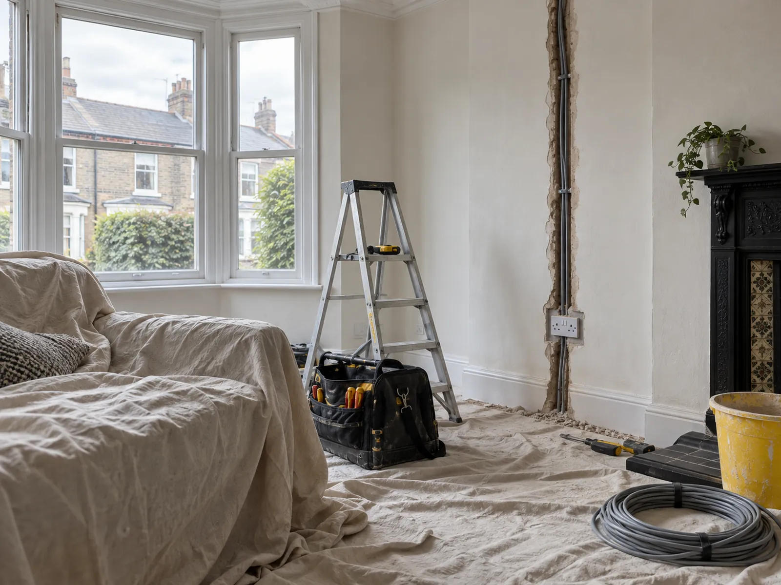 A living room mid-rewire: dust sheets over the floor and sofa, a step ladder and a neat chase in the wall