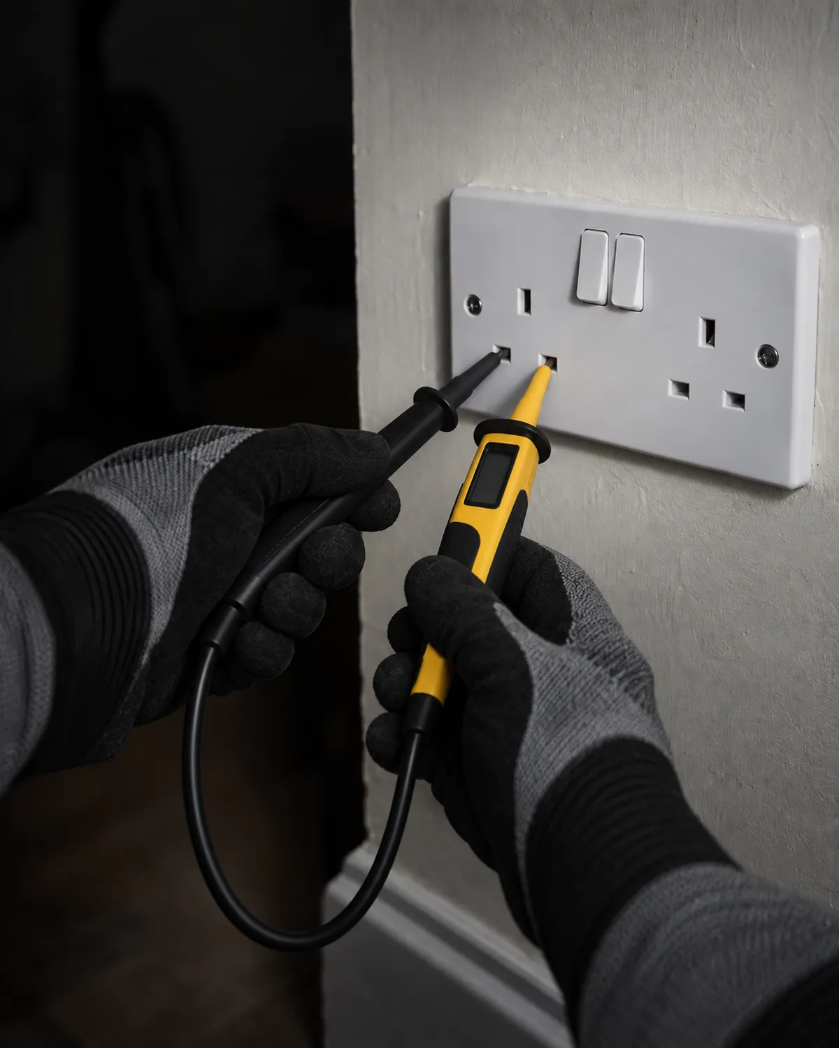 A gloved hand testing a white UK double socket with a two-pole voltage tester